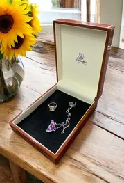 Wooden eMemorybox open, with jewellery inside