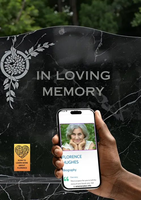 Headstone reading In Loving Memory with a phone held up showing Florence's memorial page